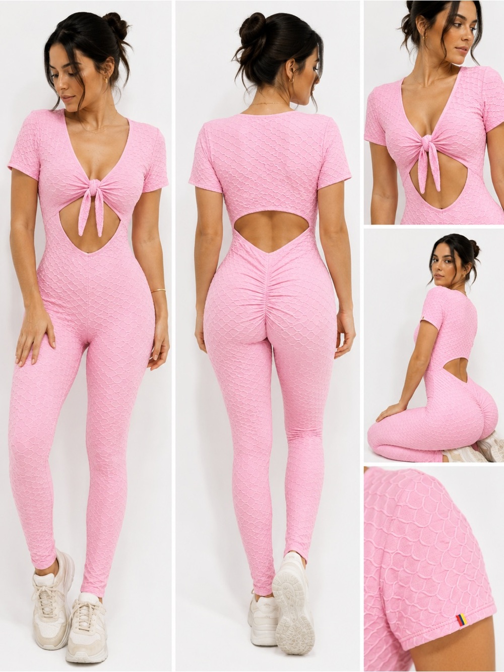 Colombian Brand Pink Textured Tie-Front Cutout Jumpsuit M